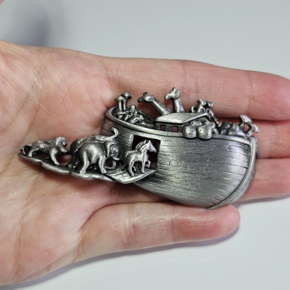 Vintage Matte Silver Tone Noah's Ark Pin Brooch with Animals Signed AJC